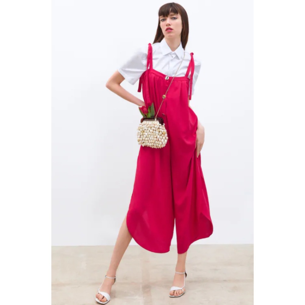 ZARA Wide Leg Jumpsuit‎ Culotte Tie Shoulder Red Button Front Cropped Womens XS